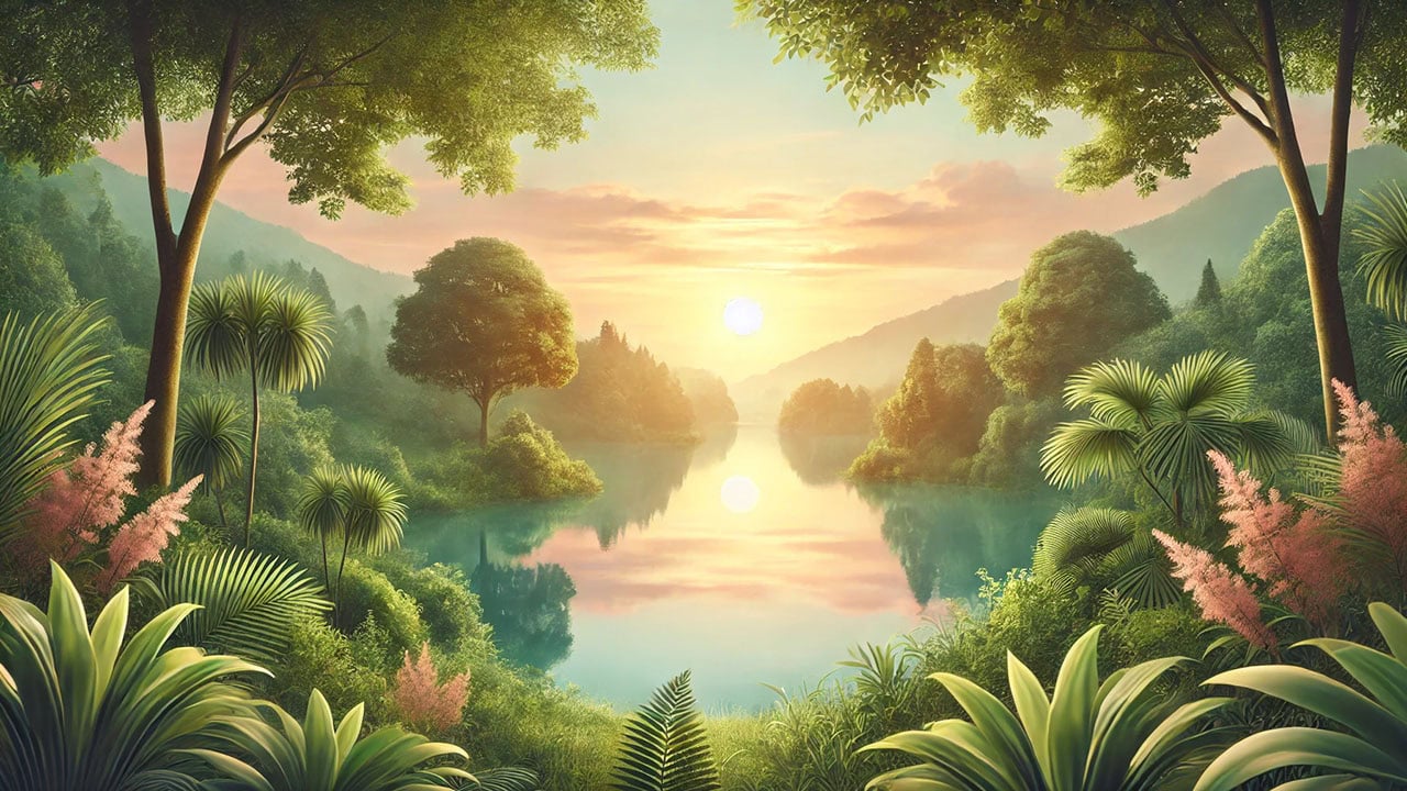 A serene sunrise over a tranquil lake surrounded by lush greenery, with soft pastel hues of orange, pink, and green creating a peaceful and calming atmosphere.