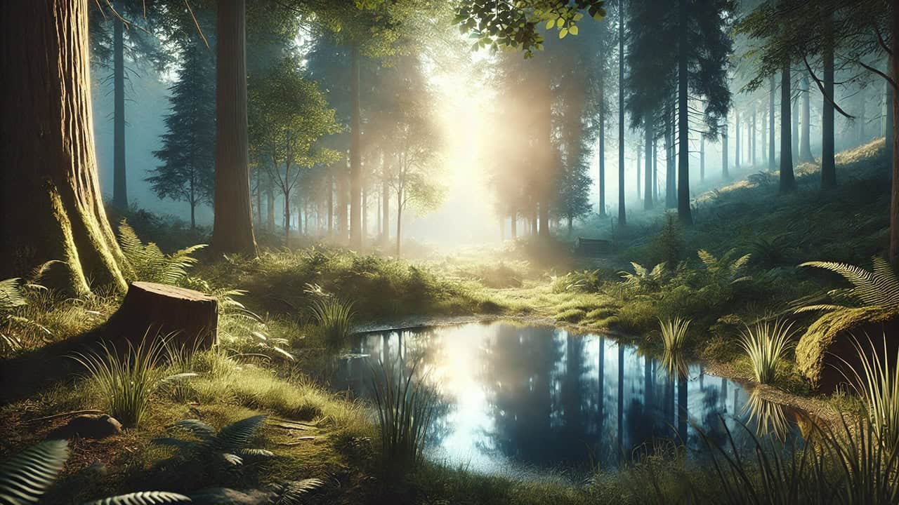 A serene natural setting with soft morning light filtering through a dense forest, a small clearing, and a still, reflective body of water, evoking peace and silence.