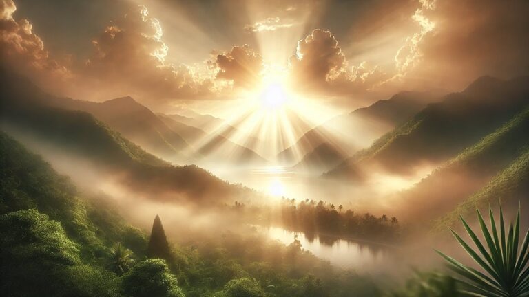 Serene landscape of a tranquil mountain valley illuminated by soft rays of light during sunrise or sunset, symbolizing peace, enlightenment, and transformation.