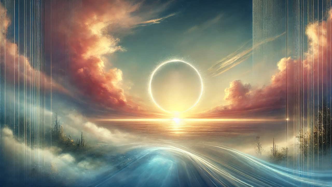 A serene and ethereal landscape featuring a tranquil horizon at sunset with soft pastel colors blending into the sky, evoking the spiritual concepts of patience and manifestation. The scene includes a faint glowing light at the center, symbolizing hope and delayed realization, with abstract natural elements like flowing water or mist adding a calming ambiance.