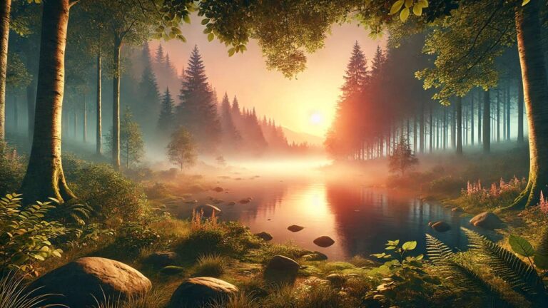 Serene and mystical landscape featuring a soft, glowing sunrise over a lush, tranquil forest. The scene includes a peaceful clearing surrounded by tall, majestic trees, gentle fog weaving through the setting, and natural elements like stones and scattered leaves, creating a calm and spiritual ambiance.