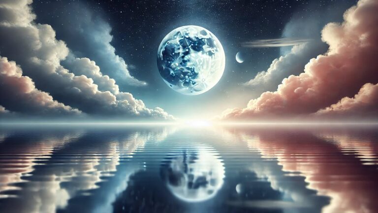 A serene and tranquil image of the moon with a soft glow, surrounded by delicate clouds in a peaceful night sky. The moonlight reflects subtly on calm water below, creating a harmonious and balanced atmosphere.
