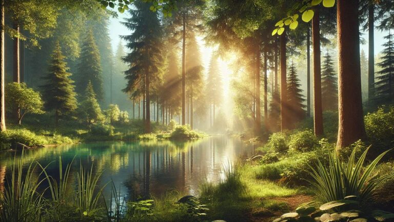 A tranquil and peaceful nature scene featuring a calm lake surrounded by lush greenery, with soft sunlight filtering through tall trees, evoking mindfulness and focus.