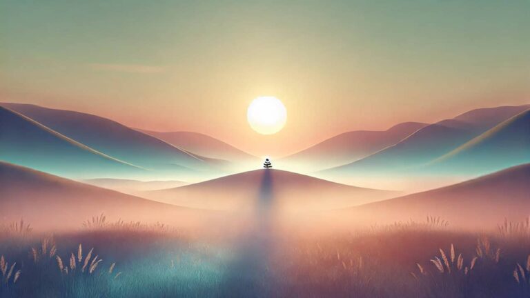 A tranquil and ethereal landscape with soft pastel colors, showcasing a glowing sunrise over a misty meadow surrounded by gentle rolling hills, symbolizing harmony, balance, and spiritual alignment.