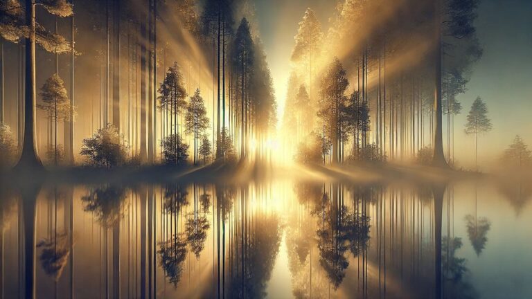 A serene sunrise over a misty forest, with soft golden light filtering through tall trees and a tranquil lake in the distance, evoking a sense of new beginnings and self-discovery.