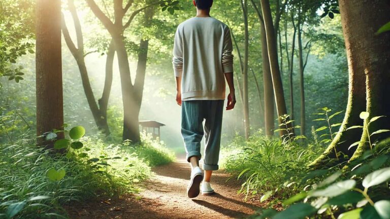 Person practicing walking meditation on a peaceful forest trail, surrounded by lush greenery and soft sunlight, emphasizing mindfulness and tranquility.